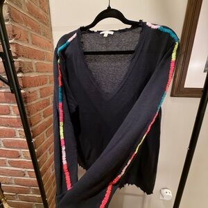 Lisa Todd Whip It v neck sweater with colorful whipstitch sleeve detail